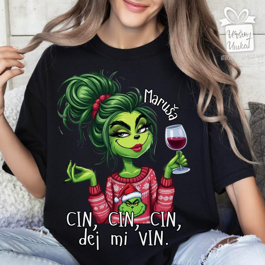 Bombažna majica " grinch - Cin, cin, cin, dej mi vin’" (črna majica)