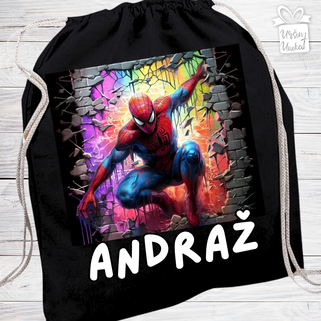 ČRNA VREČA za copate ali rezervna oblačila SPIDERMAN - za ŠOLO ali VRTEC