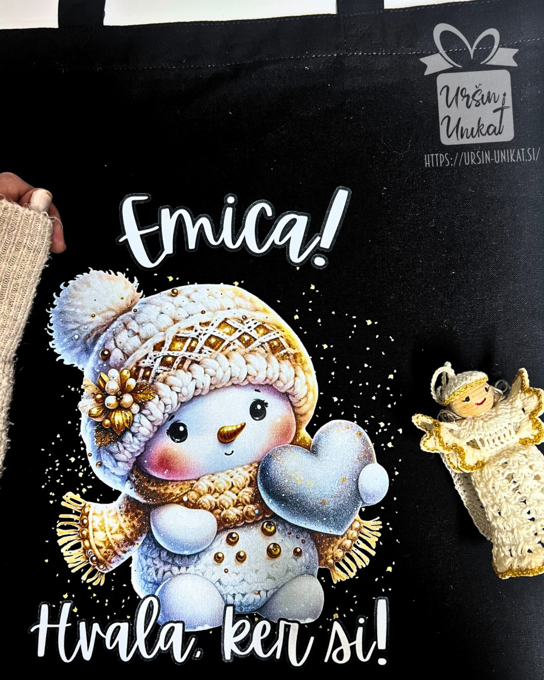 BOŽIČNO DARILO - HVALA, ker si - bombažna vreča s snežakom