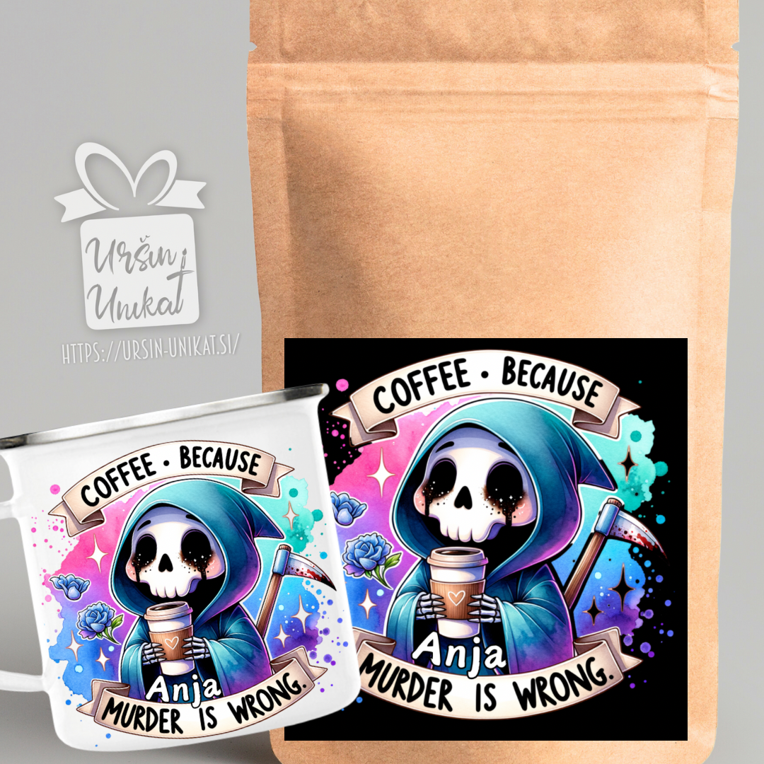 “DARILNI KOMPLET: skodelica + kavica -Coffee, because murder is wrong” - personalizirano darilo - noč čarovnic