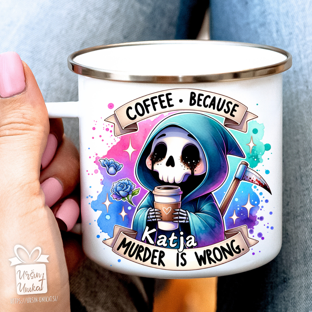 “DARILNI KOMPLET: skodelica + kavica -Coffee, because murder is wrong” - personalizirano darilo - noč čarovnic
