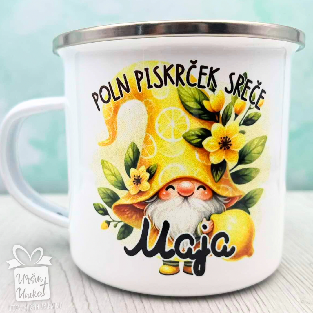 Emajlirana skodelica: "POLN PISKRČEK SREČE” - KLIKNI za več možnosti - škrat