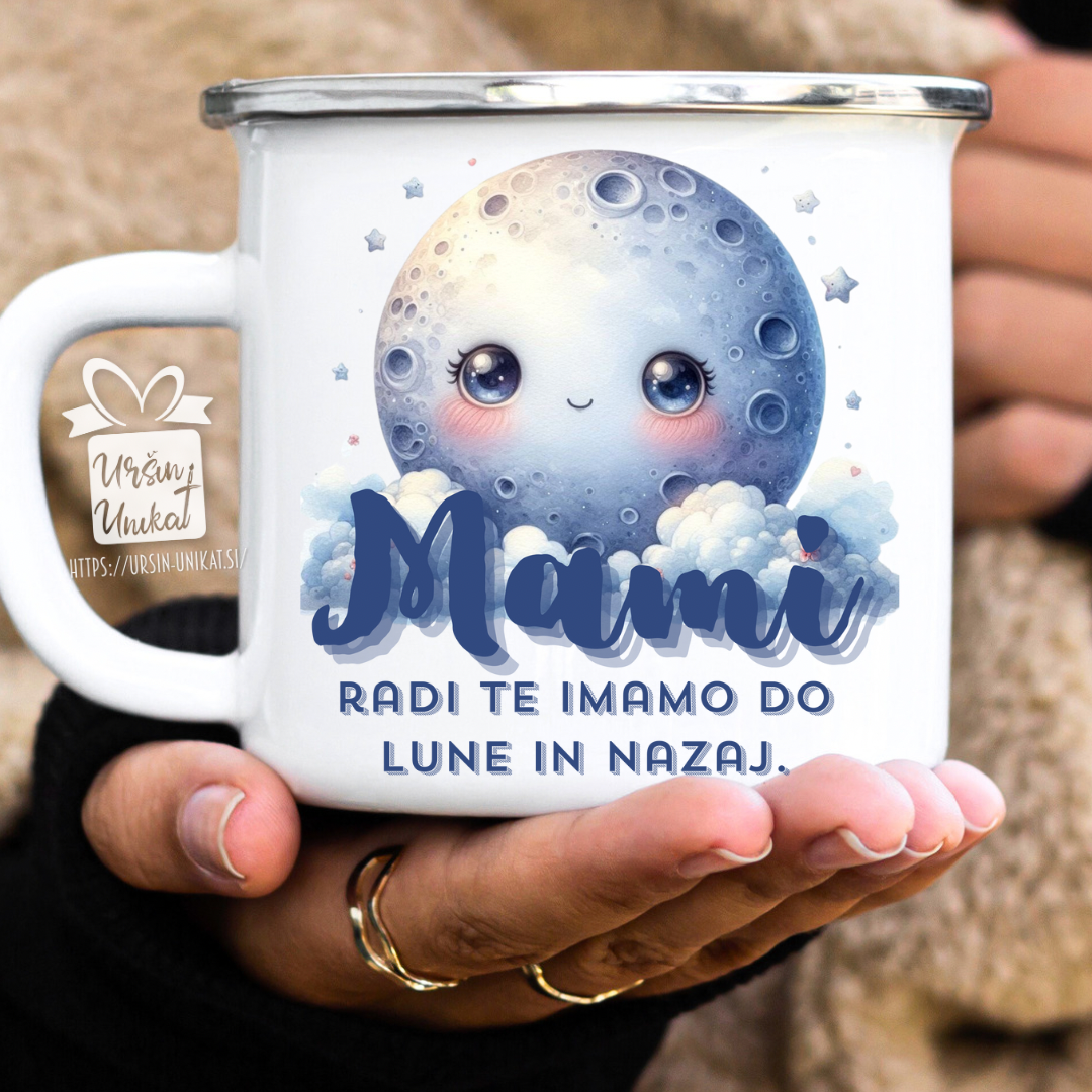 Emajlirana skodelica "Do lune in nazaj” - ime ali naziv po želji