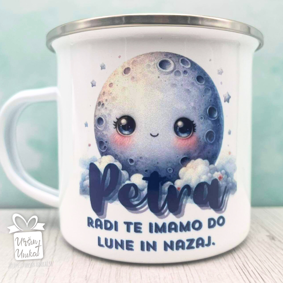 Emajlirana skodelica "Do lune in nazaj” - ime ali naziv po želji