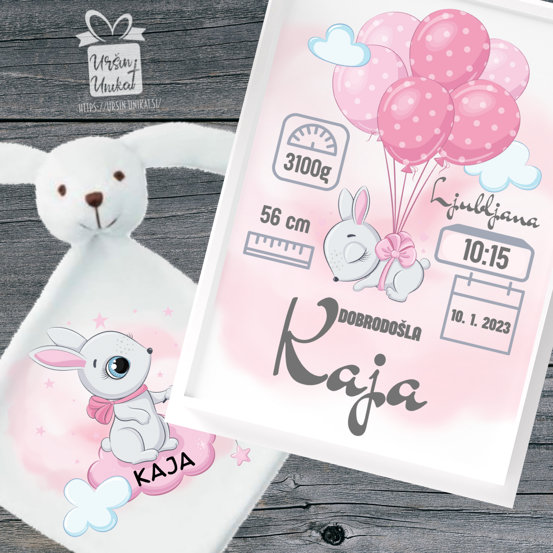 KOMPLET za dečka ali deklico - ninica + grafika a4 z okvirjem ZAJČEK