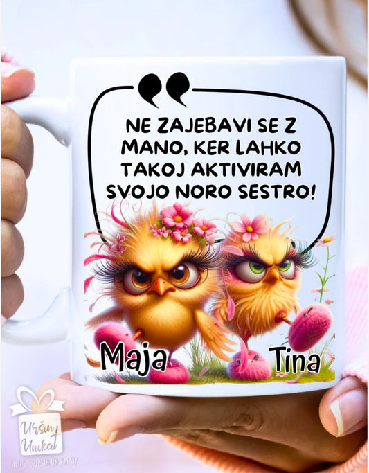 Emajlirana ali keramična skodelica “MOJA NORA SESTRA” - smešno darilo