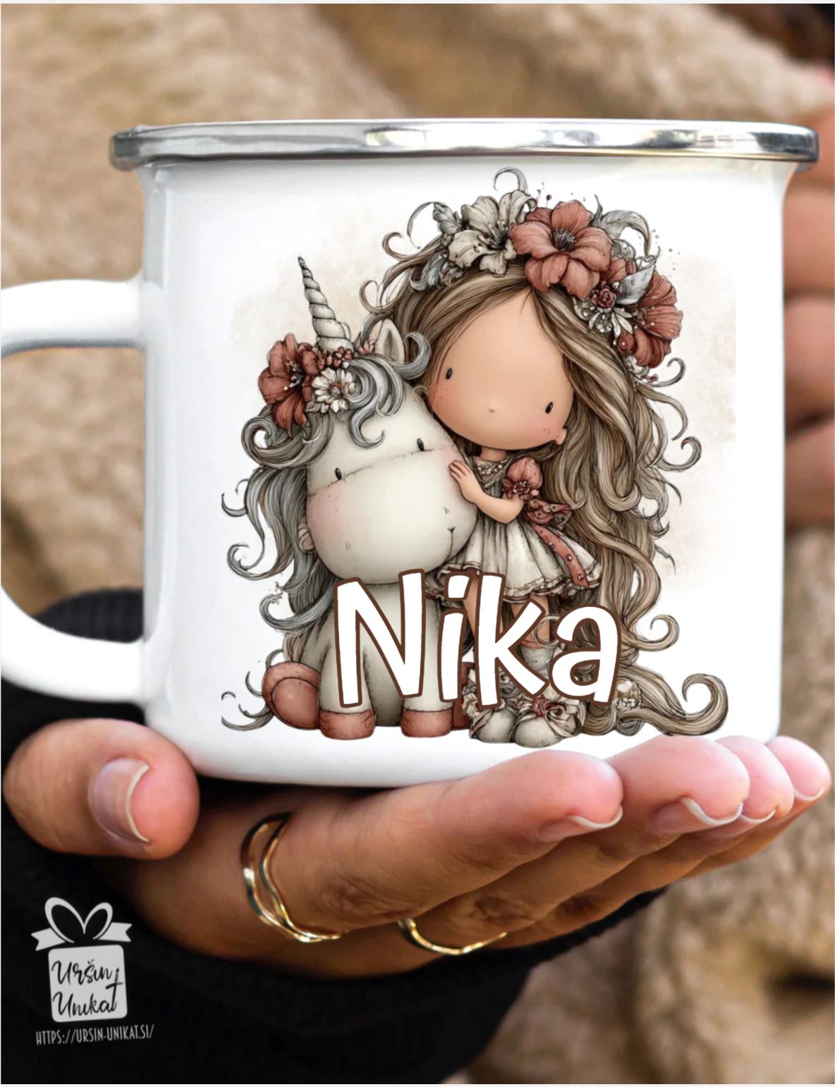 SKODELICA ali JEKLENA STEKLENIČKA OZ FLAŠKA - Samorog in princesa - otroško darilo