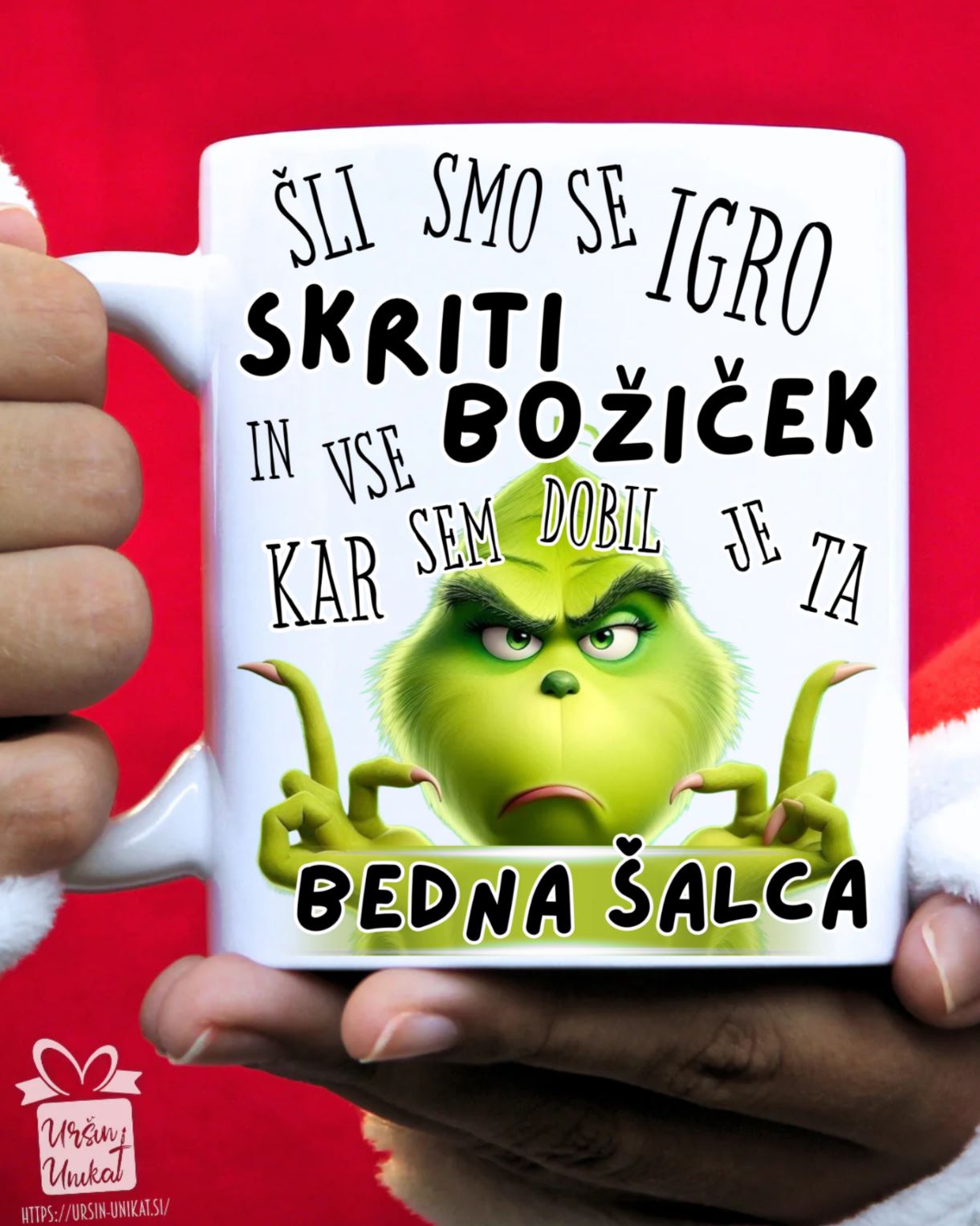 SKODELICA ALI JEKLENA STEKLENIČKA OZ FLAŠKA - “GRINCH SKRITI BOŽIČEK- smešno božično darilo