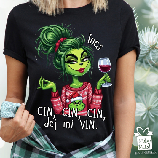 Bombažna majica " grinch - Cin, cin, cin, dej mi vin’" (črna majica)