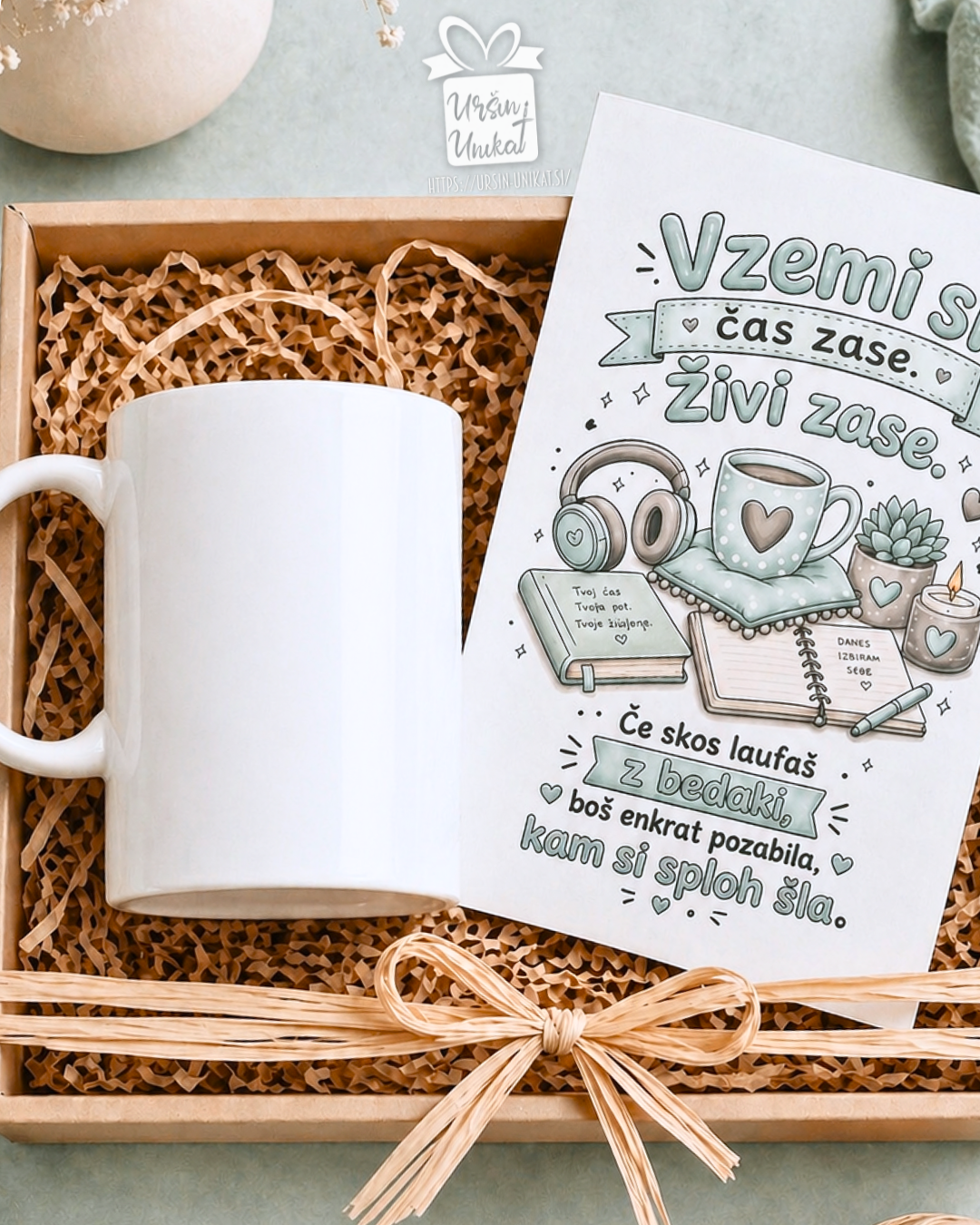 Darilni komplet - “Živi zase” - skodelica/flaška + A5 print čestitka - darilo za prijateljico