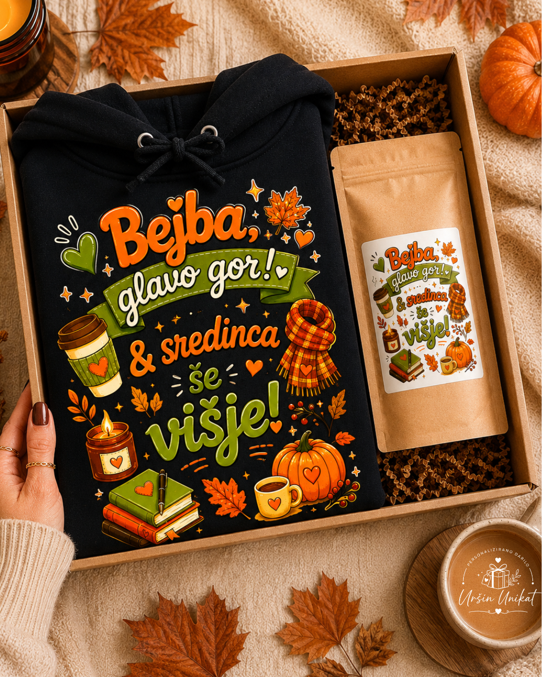 Jesenski darilni komplet “Bejba, glavo gor, sredinca še višje!” - hoodie + kava