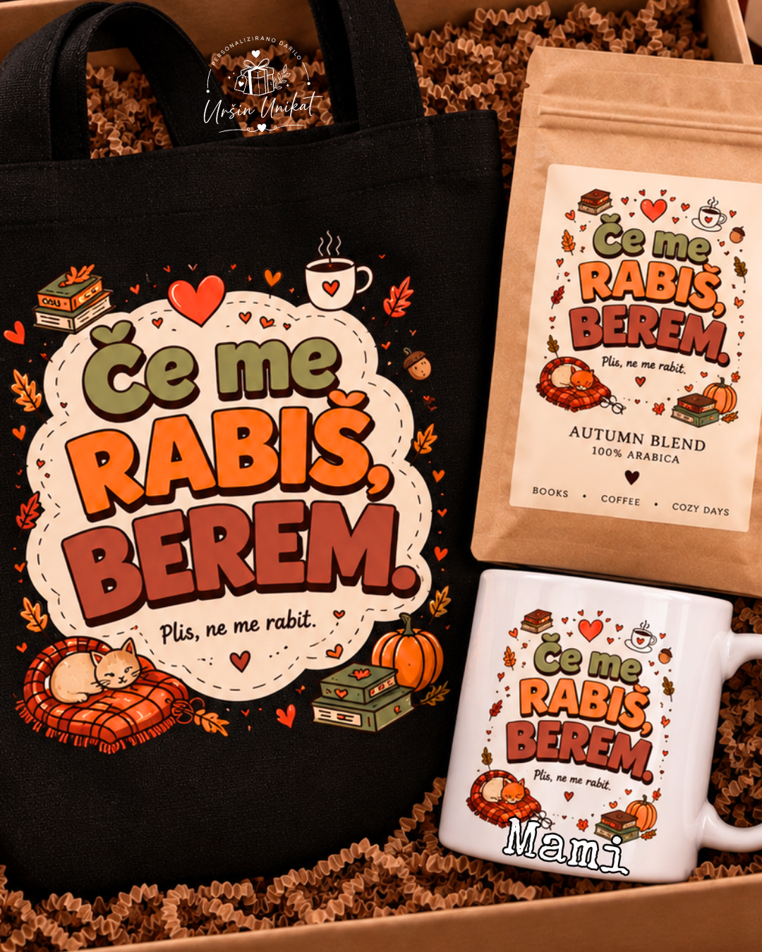 Darilni komplet - “Če me rabiš, berem.” - tote bag + kava + skodelica