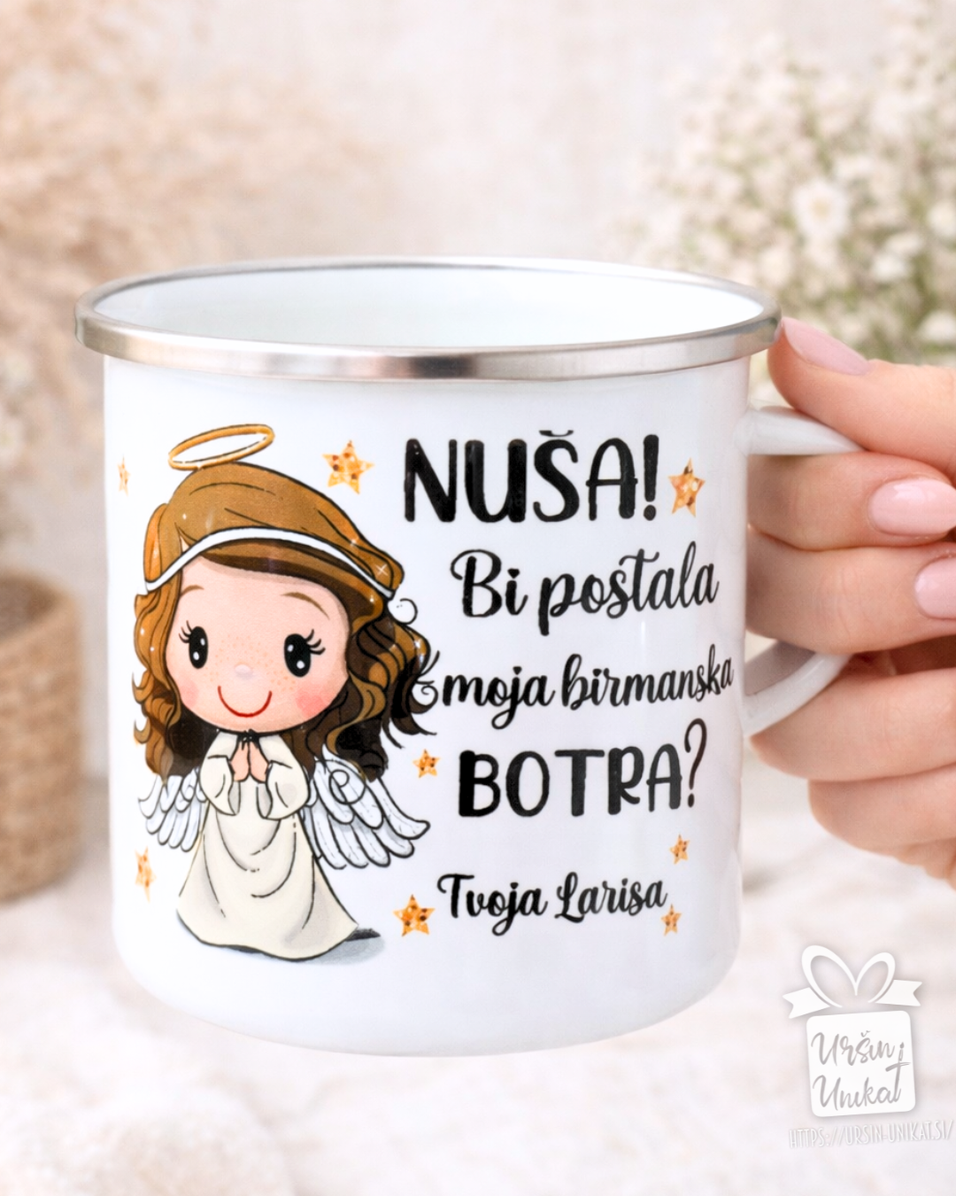 Emajlirana ali keramična skodelica - "Bi postala moja krstna/birmanska botra?" KLIKNI za več možnosti