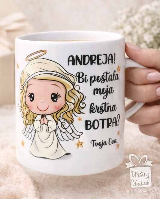 Emajlirana ali keramična skodelica - "Bi postala moja krstna/birmanska botra?" KLIKNI za več možnosti