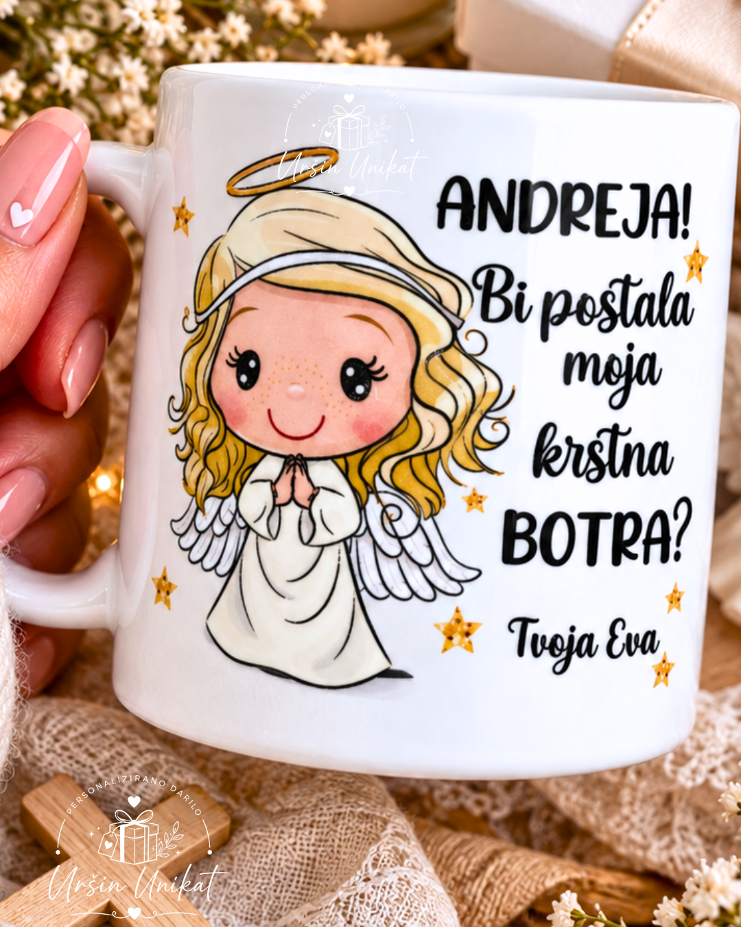 Emajlirana ali keramična skodelica - "Bi postala moja krstna/birmanska botra?" bestsellin