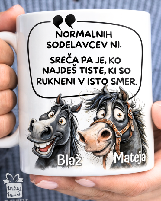 Skodelica/flaška ”Rukneni v isto smer” - smešno darilo za sodelavce