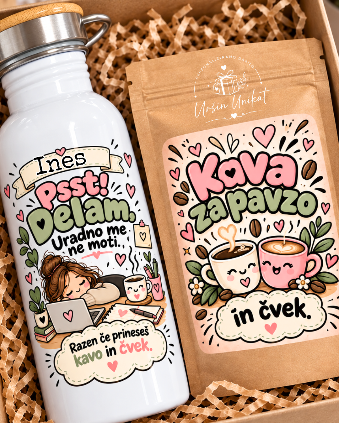 Darilni komplet »Delam.” - darilo za sodelavko ali prijateljico