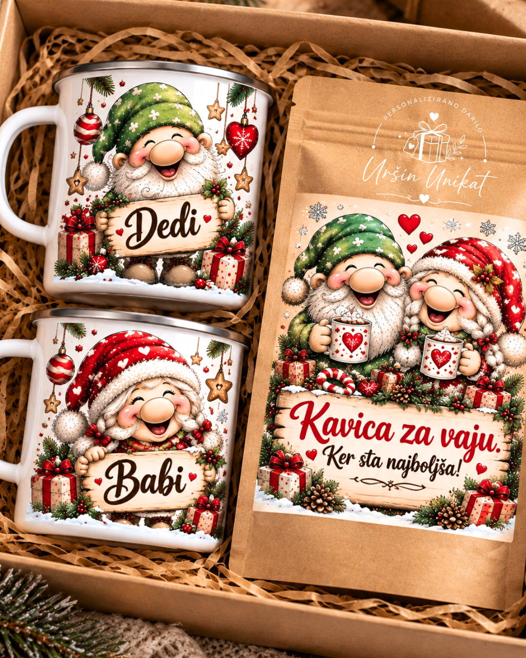 Božični darilni komplet za babi in dedija – 2 emajlirana lončka in kava | Uršin unikat