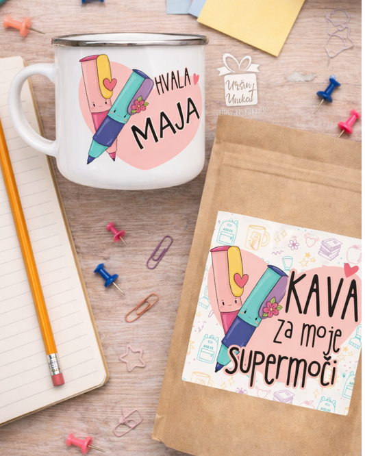 DARILNI KOMPLET: Emajlirana skodelica + kavica "HVALA - za učiteljice ali vzgojiteljice"