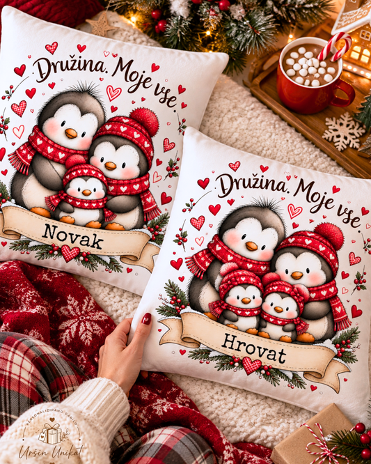 Božična družinska blazina  - Pingvinčki