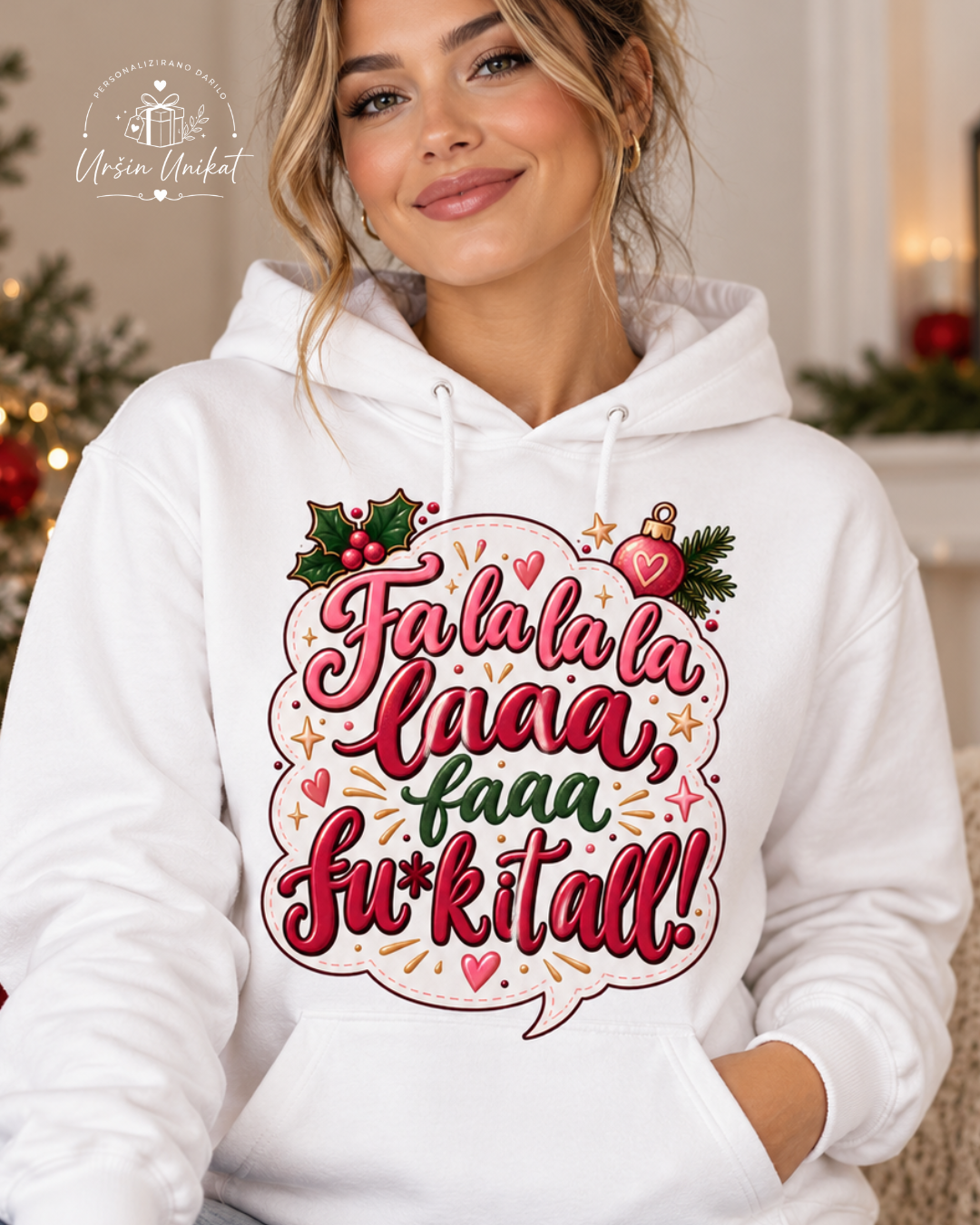 Majčka/hoodie “Fa la la la” | Uršin unikat | smešno božično darilo