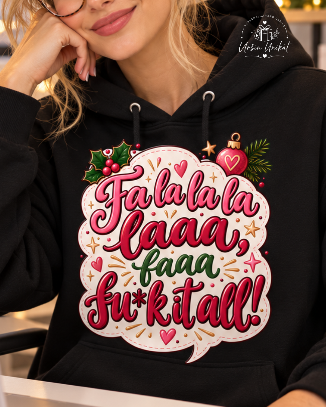 Majčka/hoodie “Fa la la la” | Uršin unikat | smešno božično darilo