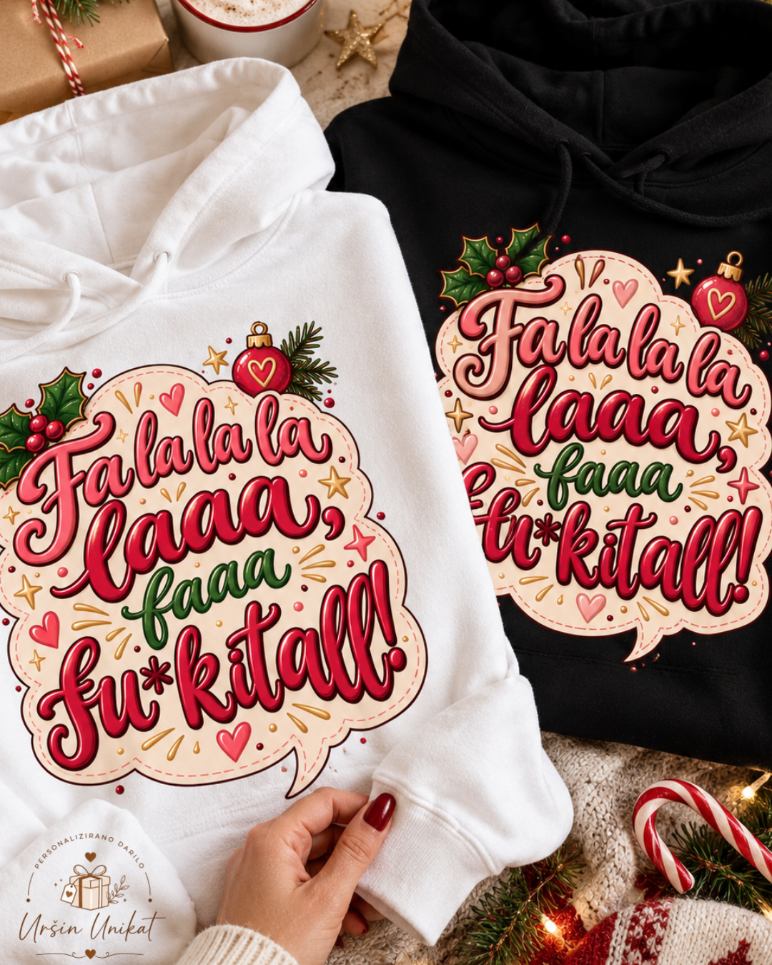 Majčka/hoodie “Fa la la la” | Uršin unikat | smešno božično darilo