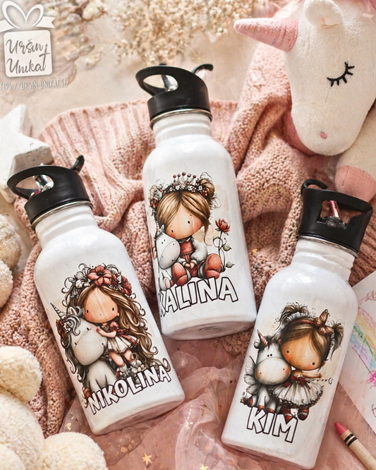 SKODELICA ali JEKLENA STEKLENIČKA OZ FLAŠKA - Samorog in princesa - otroško darilo