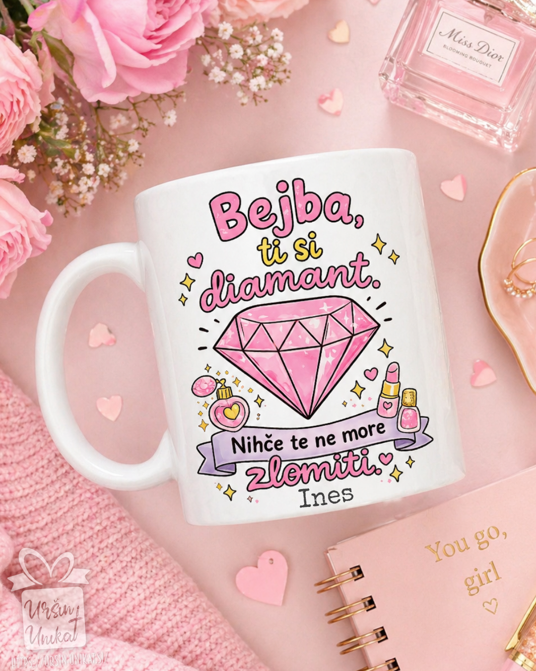 Darilni komplet - “Diamant” - skodelica/flaška + A5 print čestitka - darilo za prijateljico