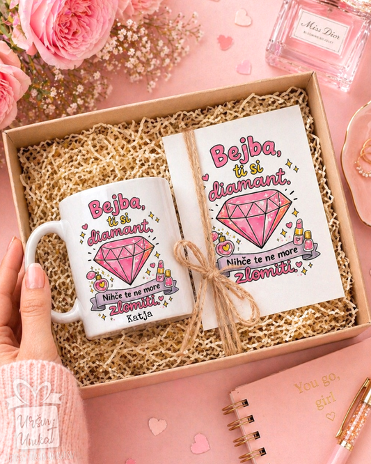 Darilni komplet - “Diamant” - skodelica/flaška + A5 print čestitka - darilo za prijateljico