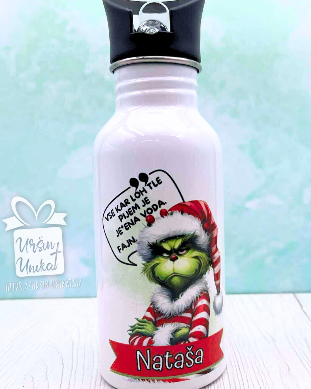 JEKLENA STEKLENIČKA OZ FLAŠKA- GRINCH - za odrasle - smešno Božično darilo