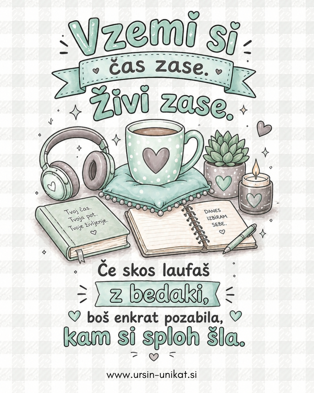 Darilni komplet - “Živi zase” - skodelica/flaška + A5 print čestitka - darilo za prijateljico