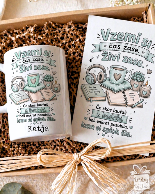 Darilni komplet - “Živi zase” - skodelica/flaška + A5 print čestitka - darilo za prijateljico