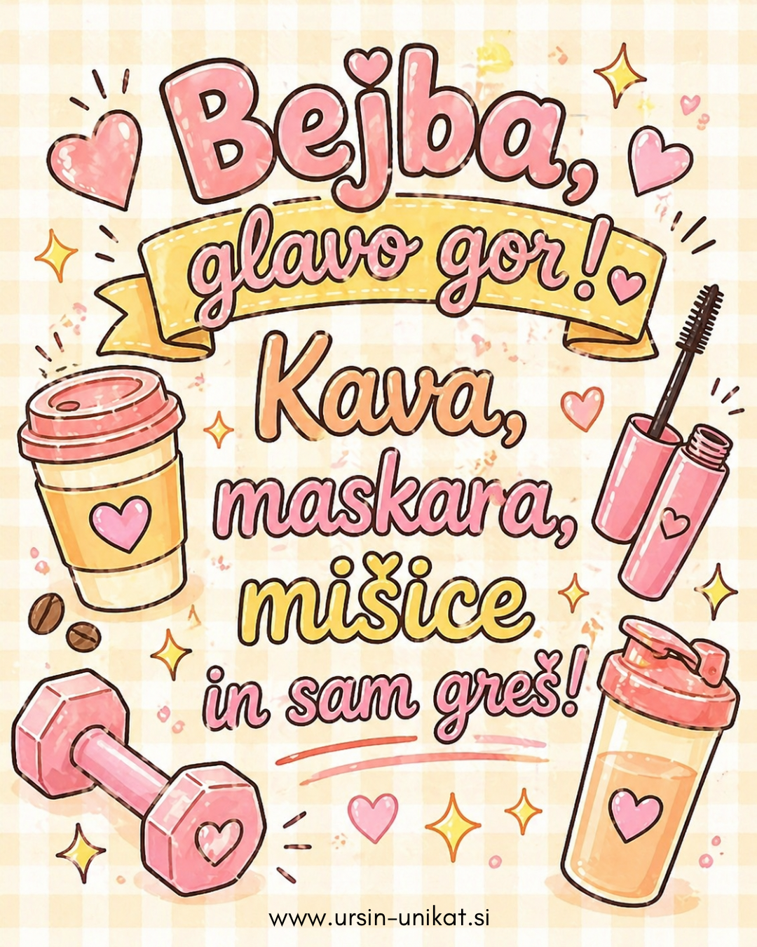 Darilni komplet - “Glavo gor!” - skodelica/flaška + A5 print čestitka - darilo za prijateljico