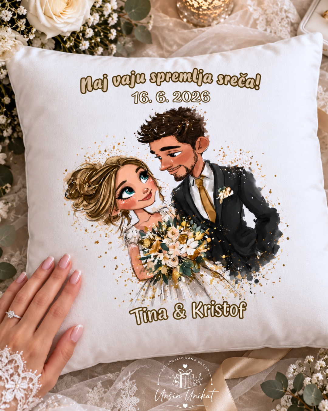 POROČNO DARILO - Blazina z napisom in ilustracijo po želji