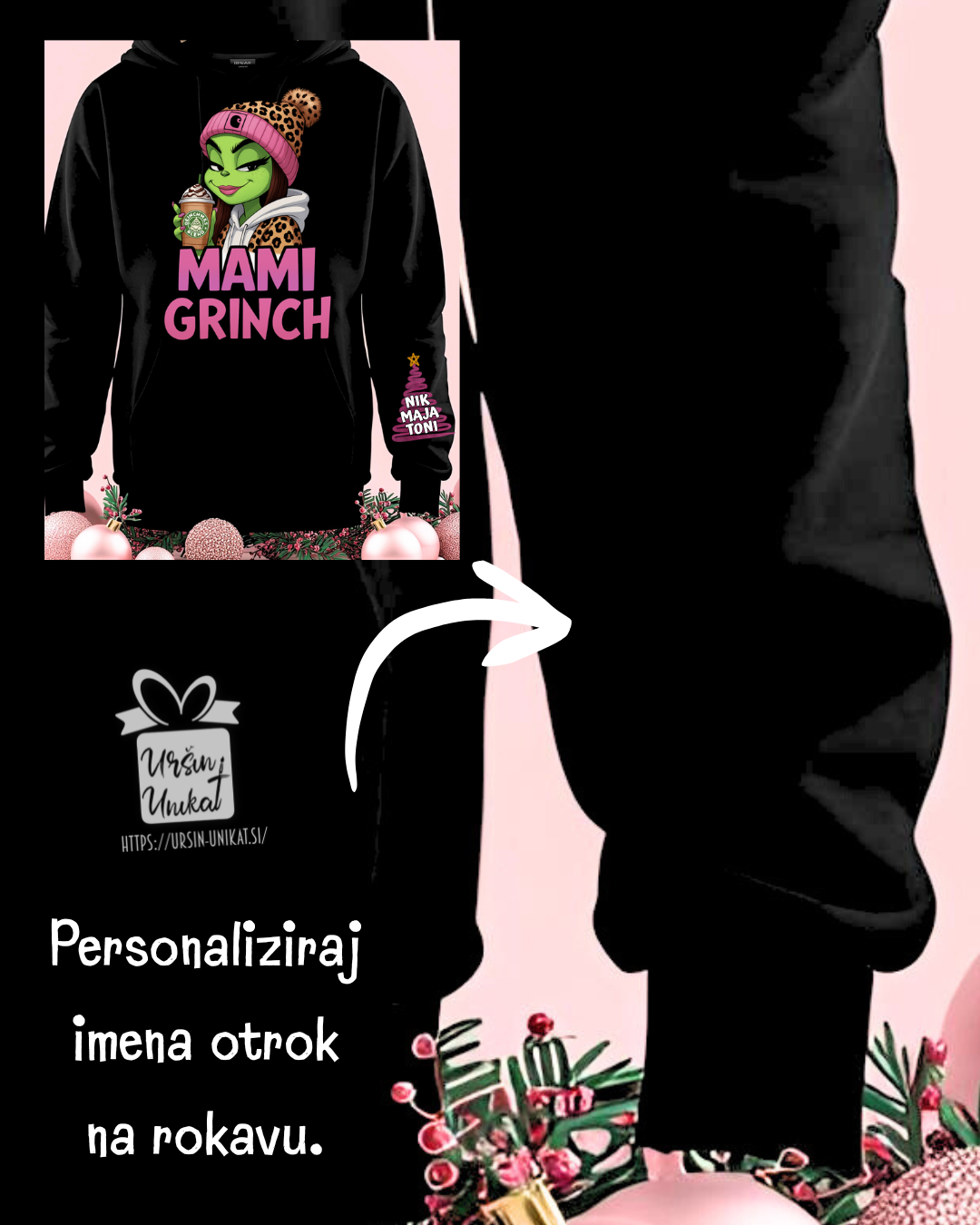 Hoodie/pulover: “MAMI GRINCH “ z imeni otrok - Božično darilo