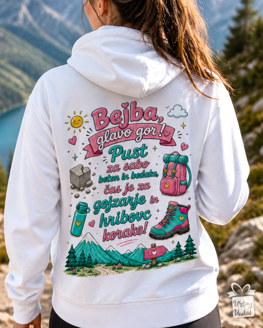 Majica ali hoodie - “Bejba, glavo gor!” - gojzarji - hribovc - hribovka - hribi - tisk na hrbtu