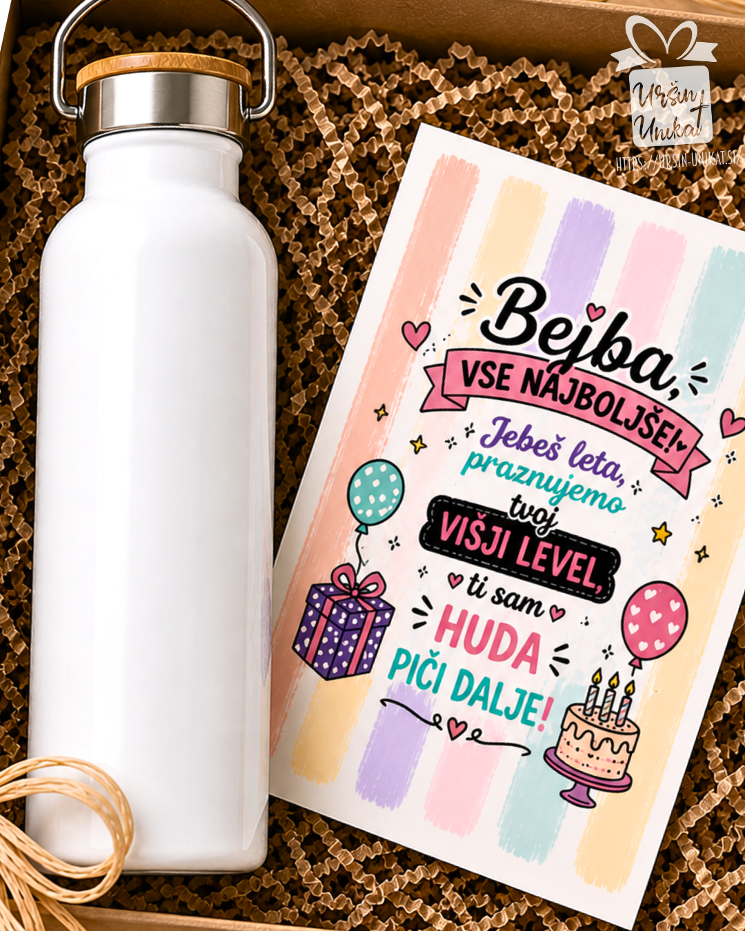 Darilni komplet - “Bejba, vse najboljše!” - skodelica/flaška + A5 print čestitka - darilo za prijateljico