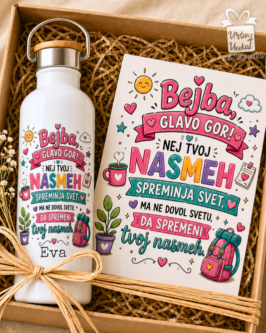 Darilni komplet - NASMEH- “Bejba, glavo gor” - skodelica/flaška + A5 print čestitka - darilo za prijateljico