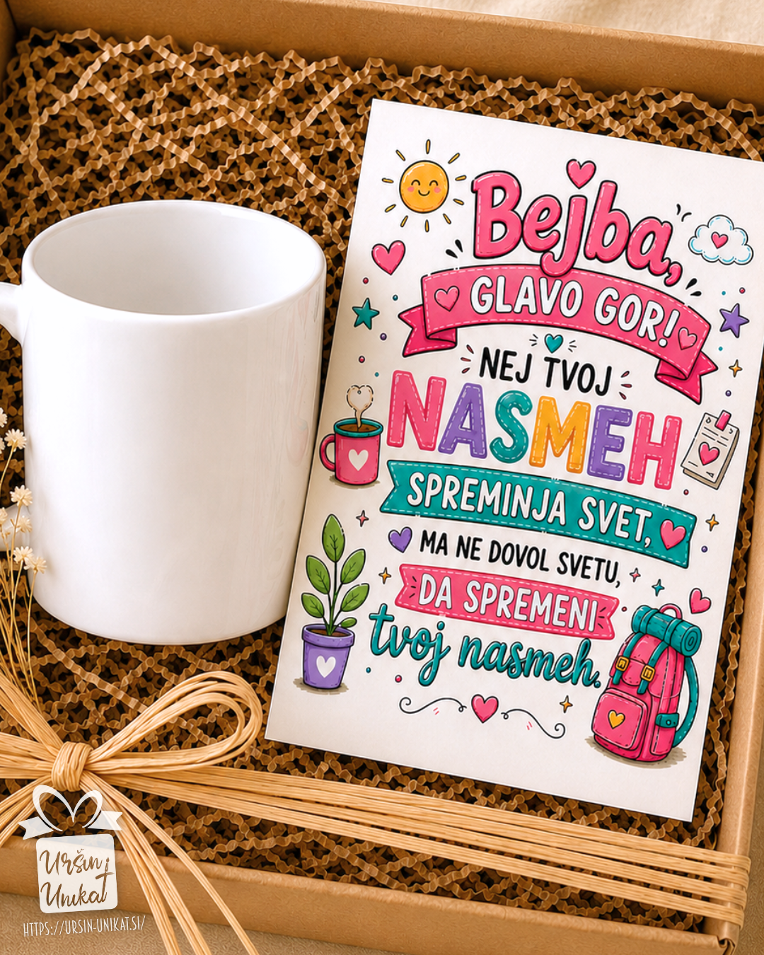 Darilni komplet - NASMEH- “Bejba, glavo gor” - skodelica/flaška + A5 print čestitka - darilo za prijateljico
