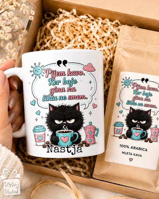Darilni komplet - Kava in gin - skodelica/flaška + kava - modrosti - smešno darilo