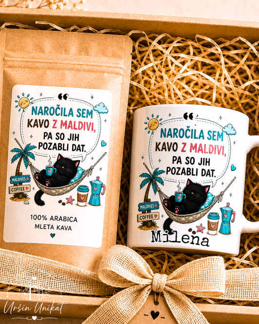 Darilni komplet -Kava z maldivi - skodelica/flaška + kava - modrosti - smešno darilo