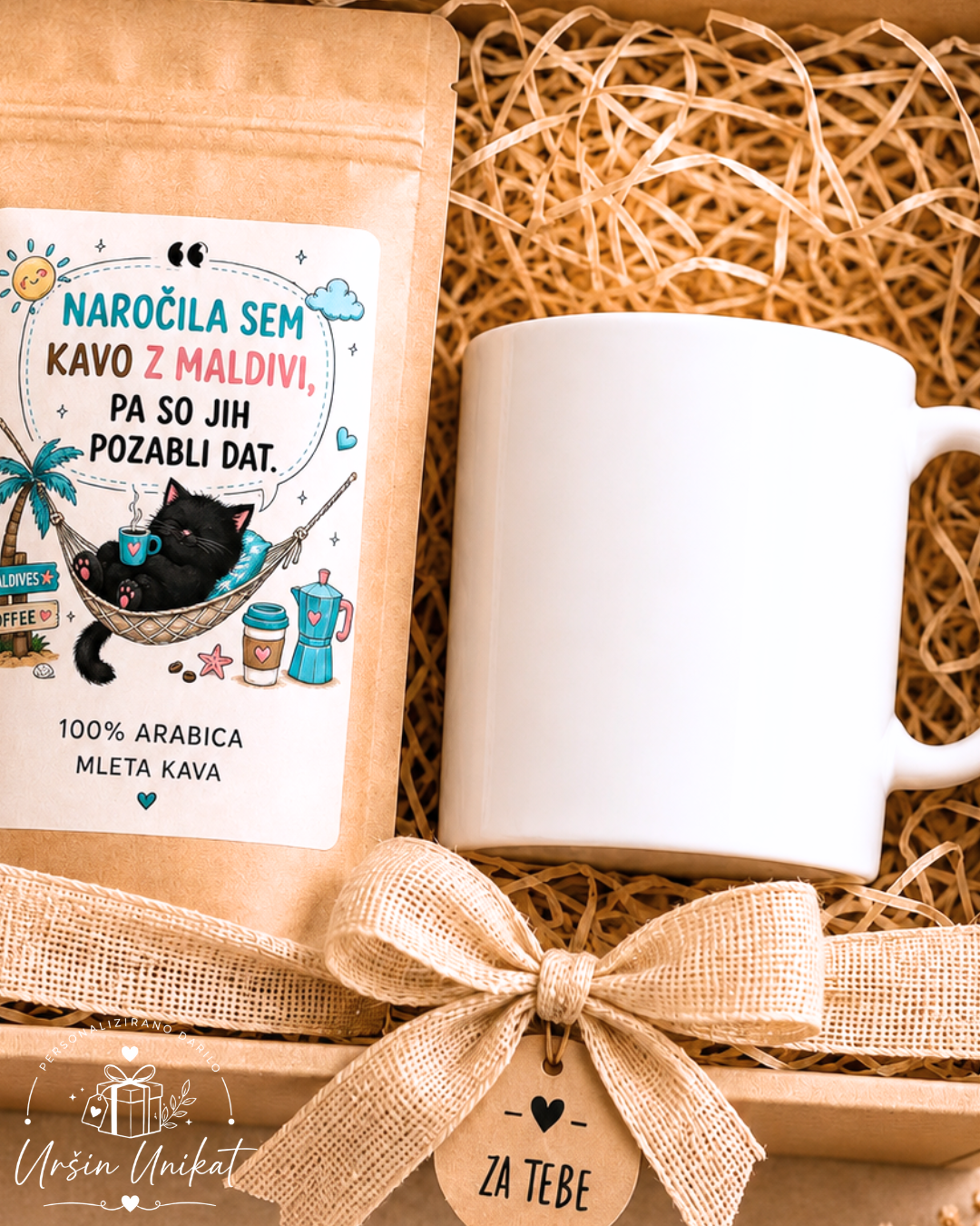 Darilni komplet -Kava z maldivi - skodelica/flaška + kava - modrosti - smešno darilo