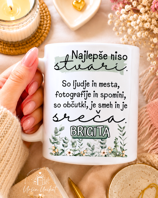 SKODELICA ali JEKLENA STEKLENIČKA OZ FLAŠKA - “Najlepše niso stvari” - lepo personalizirano darilo