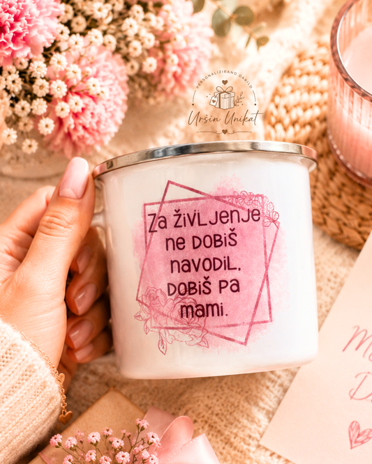 Emajliran lonček "Za življenje ne dobiš navodil” - rose gold