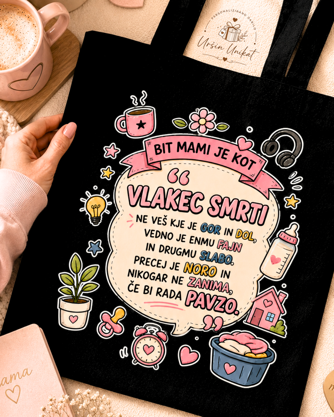 BOMBAŽNA VREČA - MAMI - vlakec smrti - darilo za mami - darilo ob rojstvu