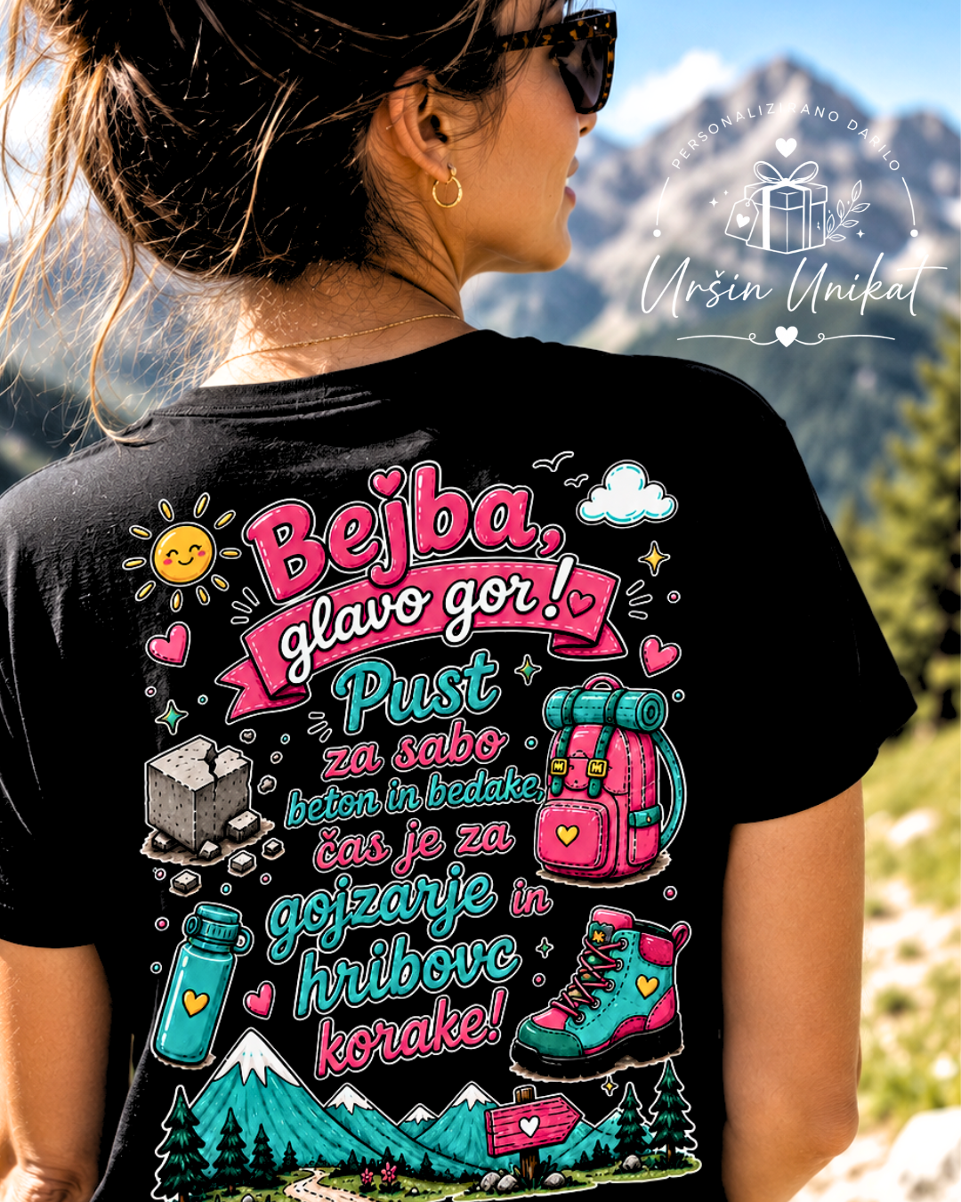 Majica ali hoodie - “Bejba, glavo gor!” - gojzarji - hribovc - hribovka - hribi - tisk na hrbtu
