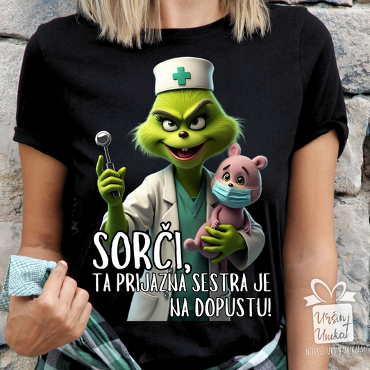 Bombažna majica " Grinch - Prijazna medicinska sestra" (črna majica)