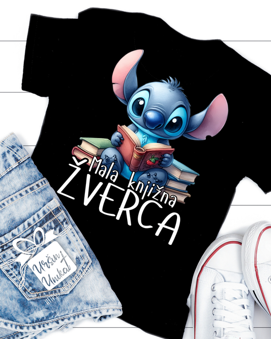 Črna otroška majica MALA KNJIŽNA ŽVERCA stich