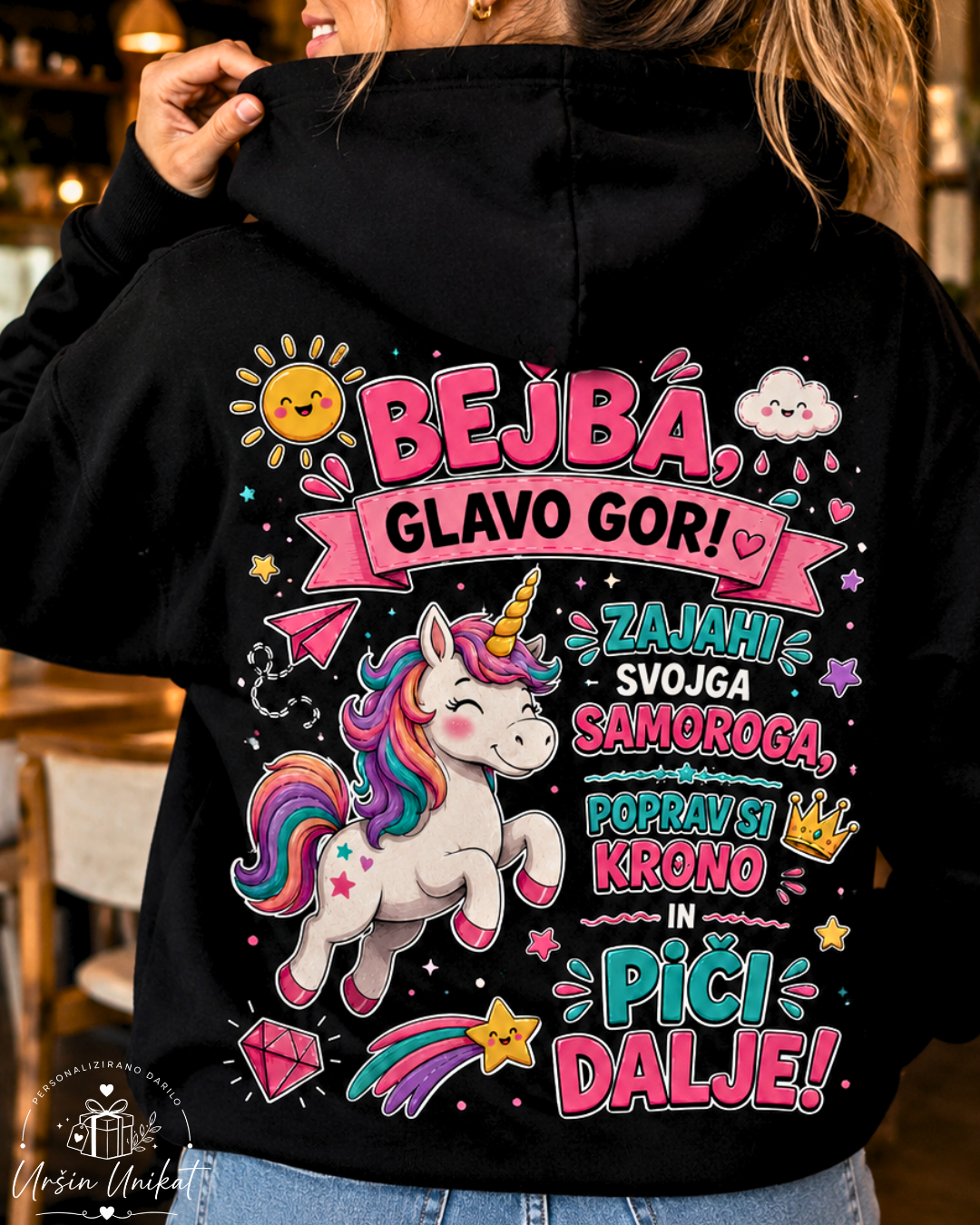 Majica ali hoodie - SAMOROG - “Bejba, glavo gor” - tisk na hrbtu